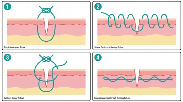 Four basic suture techniques surgical education infographic, flat vector
