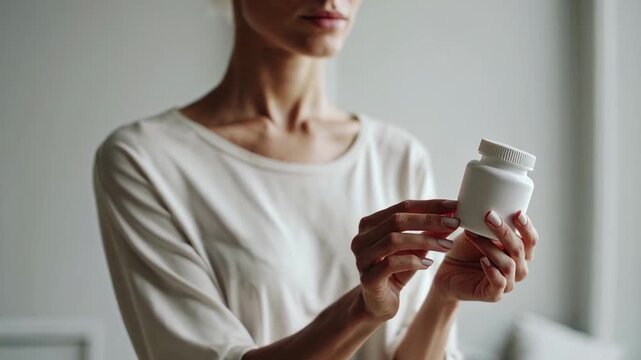 Woman carefully opening medicine bottle and examining contents with concentrated focus, highlighting meticulous healthcare routine in home setting