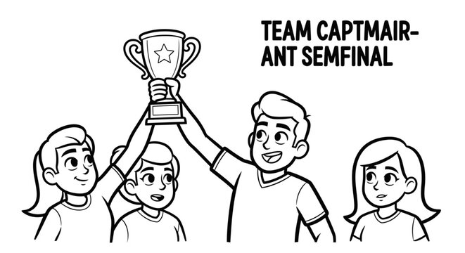 Cartoon Team Celebrating Victory With Trophy Together.