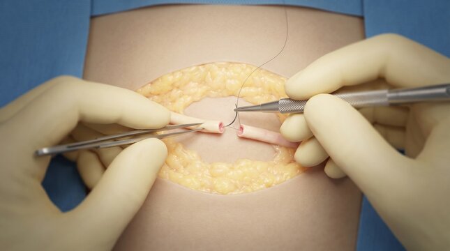 Microsurgery hands performing vascular anastomosis under operating microscope