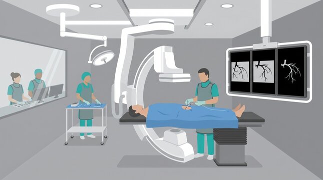Interventional cardiology catheterisation laboratory scene, flat vector