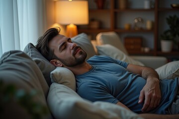 Fototapeta premium Man in His Late Thirties Finds Comfort in Sleep on Cozy Couch at Home After Exhausting Day
