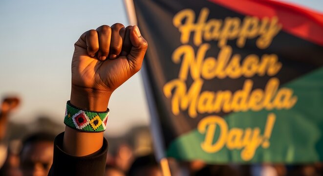 Nelson mandela international day celebration with raised fist and flag