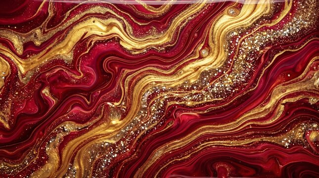 Abstract swirling liquid gold and ruby red marble texture with glossy metallic shine