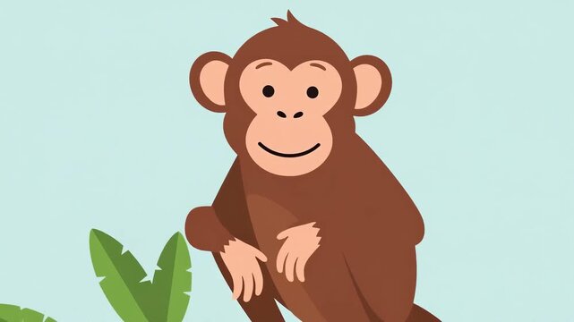 Monkey perched on tree branch as it sits and reaches among tropical leaves in simple flat illustration. close up reveals smiling face and gentle daytime mood for nature themed animation and education.
