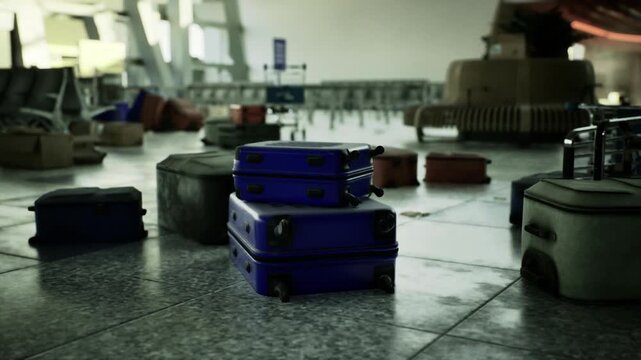 Stacked blue suitcases on tile in empty airport terminal under soft backlight shallow depth of field highlights scuffed surfaces and subtle reflection,