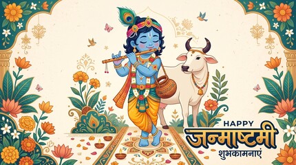 Naklejka premium Happy Janmashtami Lord Krishna Flute Banner