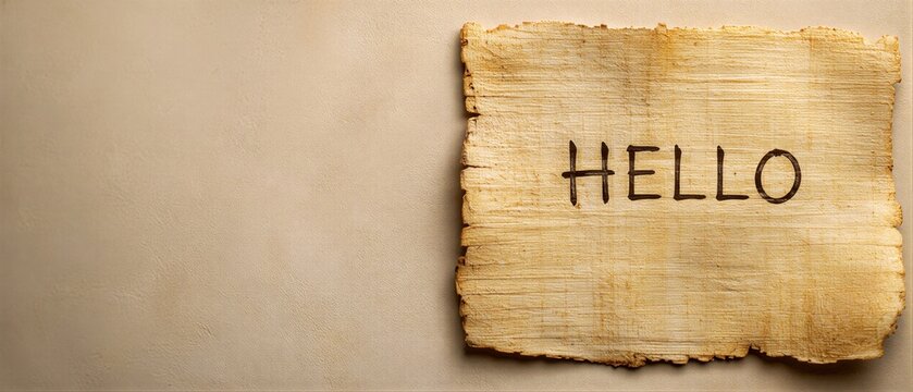 Hello text on old vintage papyrus paper with copy space