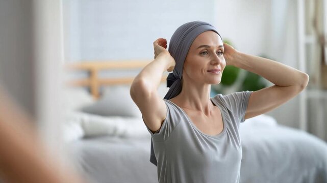 Young woman adjusting grey headscarf looking at herself in mirror, cancer survivor hair loss strength and resilience layout, oncology patient medical care hope concept presentation background