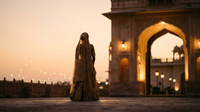 Indian bride in lehenga at a heritage palace during sunset