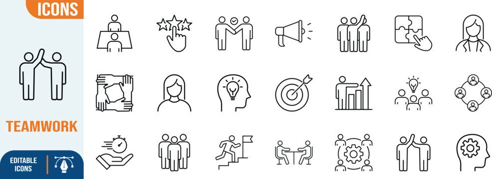 Business teamwork leadership strategy line icons. team icon set, megaphone icon set, target icon set