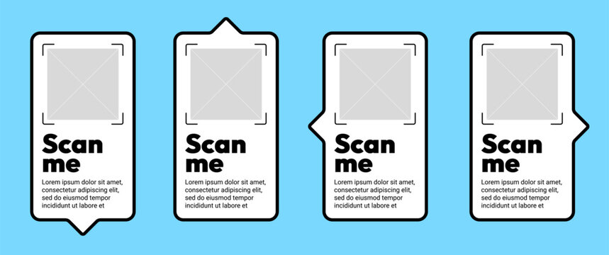 Simple QR code sticker frame layout. Smartphone digital payment barcode square border design vector illustration. Mobile app camera screen scanner telephone id price tag strip mockup.