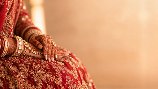 Indian Bride with Mehndi Hands and Jewelry on Red Lehenga