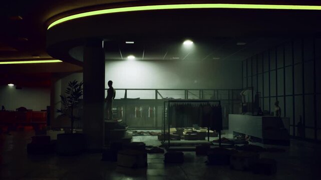 Neon lit atrium with encampment under circular canopy, tarps and fabric partitions forming private sleeping cells, scattered luggage and stacked crates, deep