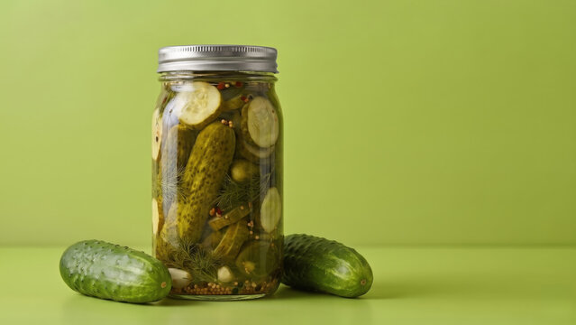 A glass jar of pickles, dill, and spices sits between two fresh cucumbers on a minimalist green background offering ample copy space.