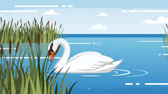 Tracking shot of white swan gliding through reed lined marsh on calm lake at morning light. camera slowly follows bird as it swims past cattails creating ripples and reflections.