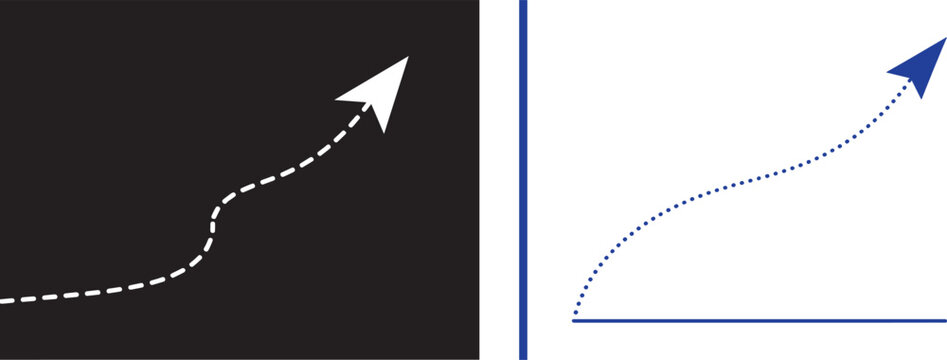 Upward curving arrow with dashed and dotted lines on black and white backgrounds for growth trajectory and financial progress