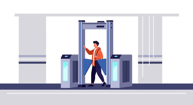 Man walking through security scanner at modern gate checkpoint