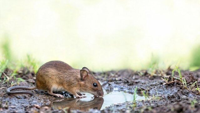A lively mouse approaches a shimmering puddle of water nestled in soft earth. The sun casts gentle light over the scene, highlighting lush greenery around. Nature buzzes with energy.