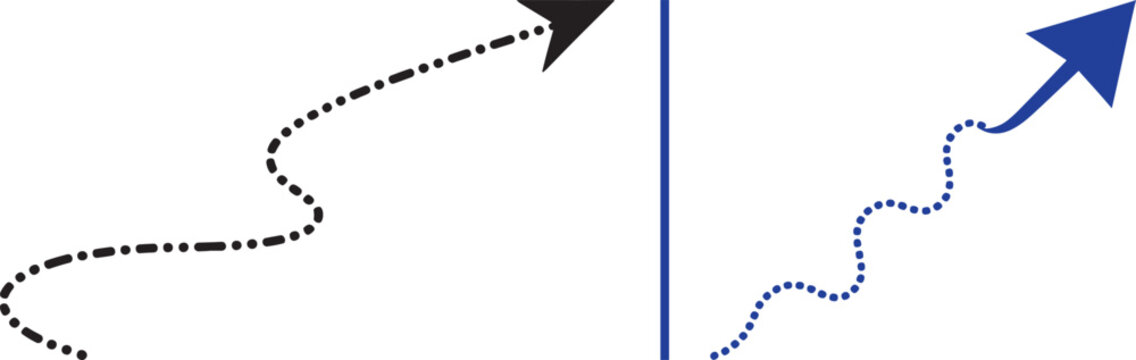 Comparison of two curved dotted arrow paths in black and blue vector graphic for business strategy and progress visualization