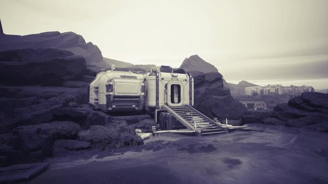 Compact space station emergency shelter module tucked among rocks with entry ramp and sealed door, thermal insulation and survival gear storage, quiet refuge