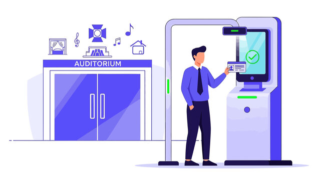 Man Using Ticket Kiosk at Auditorium Entrance, Event Entry