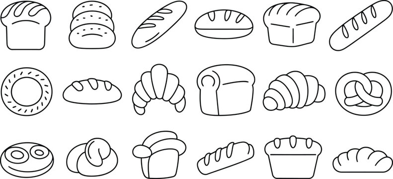 bread bakery icons grid outline pastry loaf and bun symbols