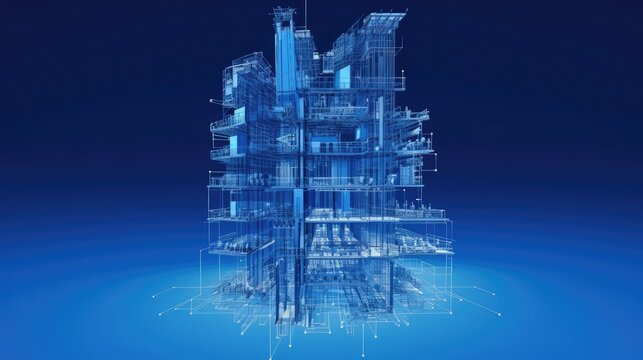 A futuristic, digital rendering of a tall, multi-story building with a futuristic design, featuring blue and white colors, and a dark blue background.