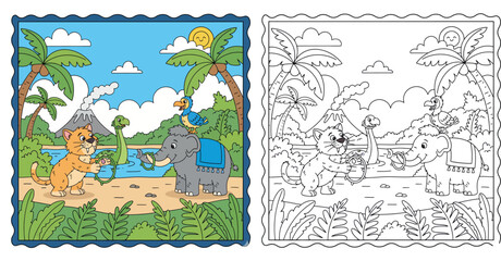 Happy Cartoon Prehistoric Animals and Elephant Playing Hoops in a Lush Volcanic Landscape © MstSangita