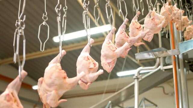 Whole chickens hanging on conveyor line in poultry processing plant