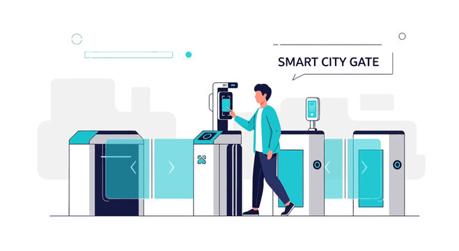 Man uses smart city gate with smartphone for contactless access