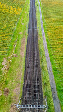 Aerial view of straight railway tracks passing through lush green fields and vineyards in Crans VD, Vaud, Switzerland.
