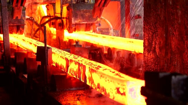 Red Hot Steel Billets Moving Through Industrial Rolling Mill