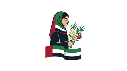 Fototapeta premium Emirati Woman Holding Flowers with UAE Flag Illustration