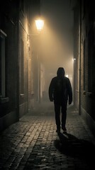 Obraz premium Person jogging alone through foggy narrow alley at night, illuminated by street lamp, wearing dark hoodie and athletic gear for fitness and urban running concepts.