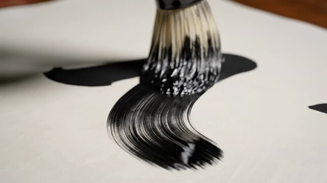 Traditional japanese calligraphy artist painting black ink kanji characters on paper