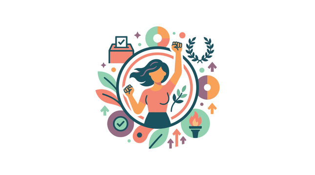 Empowered Woman Activist Illustration with Voting and Social Symbols