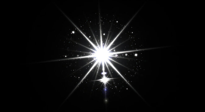 A brilliant white star bursts forth from a dark background, radiating intense light and shimmering sparkles.