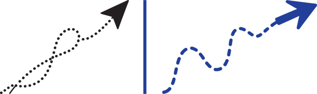Upward arrow vector set with dotted and dashed paths for growth progress and direction comparison