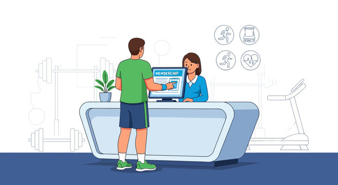 Man signing up for gym membership at reception desk