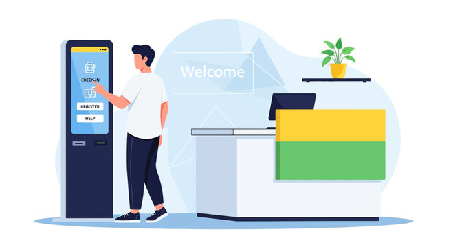 Man Using Self-Service Kiosk at Reception Desk | Modern Check-in Counter