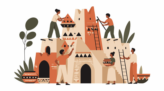People Building A Clay Brick Fortress Together.