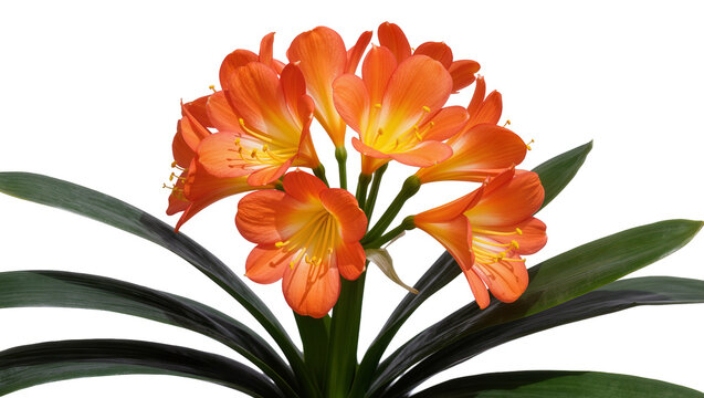 Orange Clivia miniata flowers with green leaves