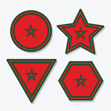 Morocco flag national emblem badge set. Vector geometric icons including circle, star, triangle, and hexagon shapes with red background and green pentagram pentacle.