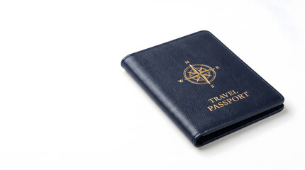 Obraz premium Closed navy blue leather passport holder resting on white surface with embossed travel emblem