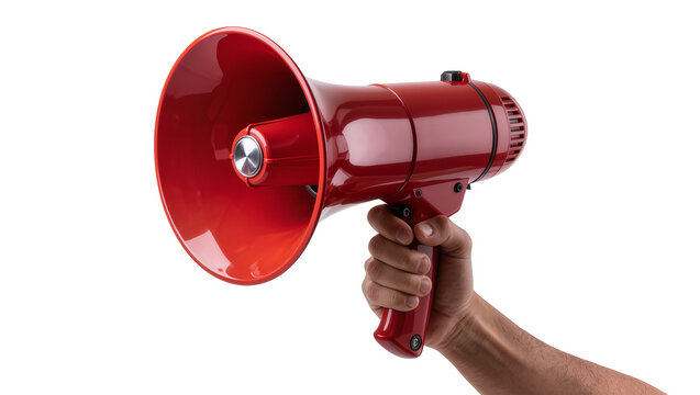 Hand holding red megaphone with metallic speaker grille
