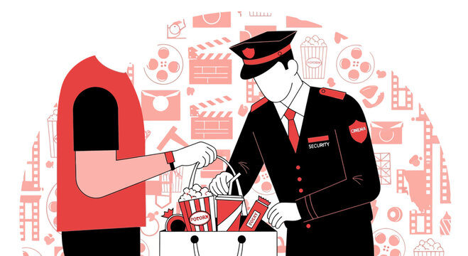 Cinema Security Guard Inspects Bag with Popcorn and Tickets