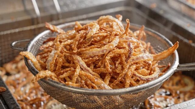 Lifting Golden Crispy Fried Onions from Hot Oil with Skimmer