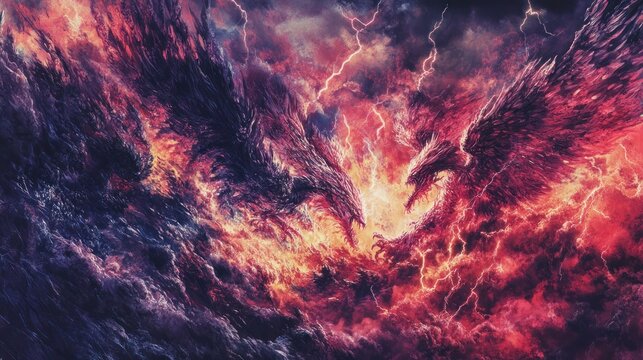 Fiery dragons clash amidst a stormy sky, lightning illuminating their battle.