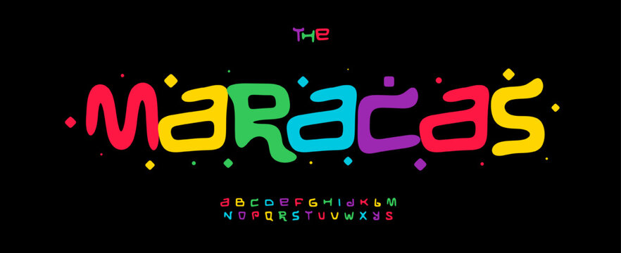 Colors Festive Font Logo Alphabet Bouncy Letter Set Colorful Typography, Creative Typographic Design for Folk Music Carnival Title Text, Latin Music Poster Headline, Fun Kid Logotype. Vector Typeface